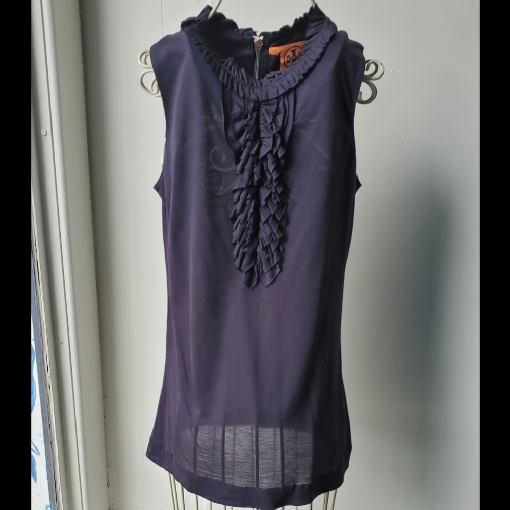 Tory Burch Navy Ruffle Front Sleeveless Blouse